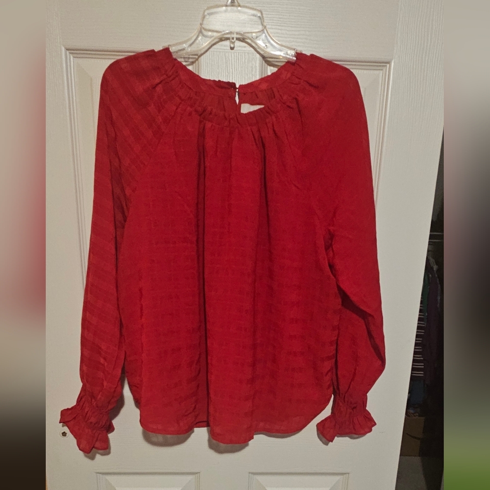 LOFT Red Smocked Bib Collar Blouse Sz L NWT